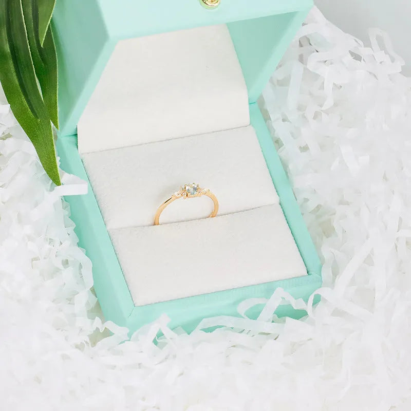 S925 sterling silver sky blue floral geometric ring for women on white background