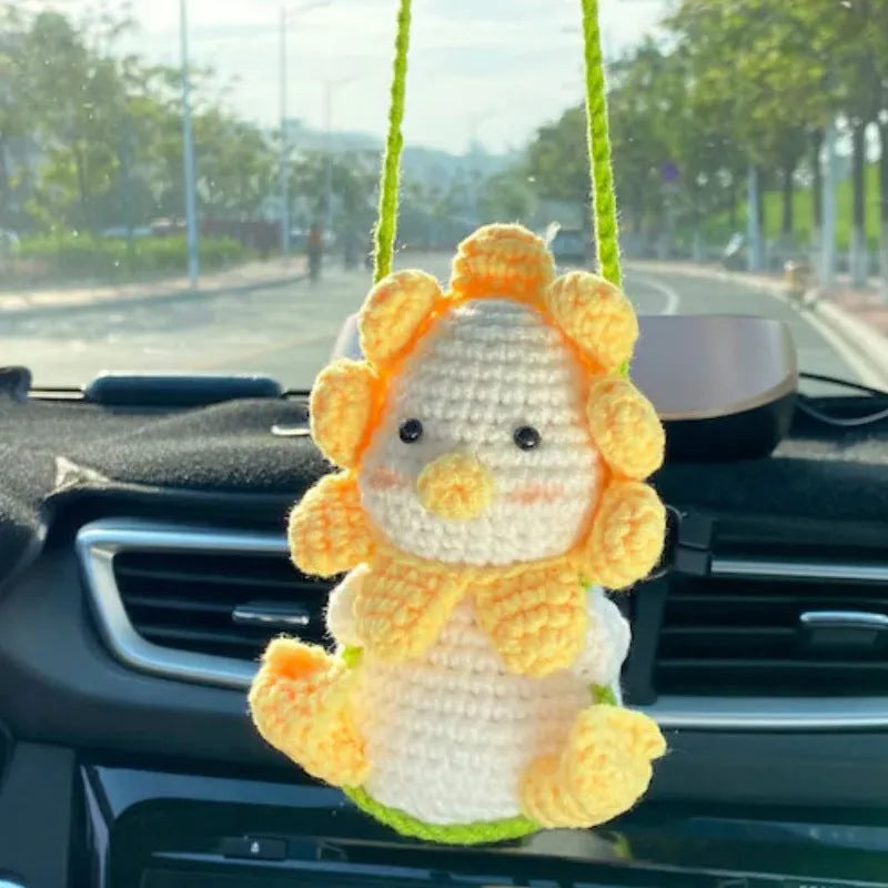 Green and white knitted wool car plant decoration with 25cm hanging rope