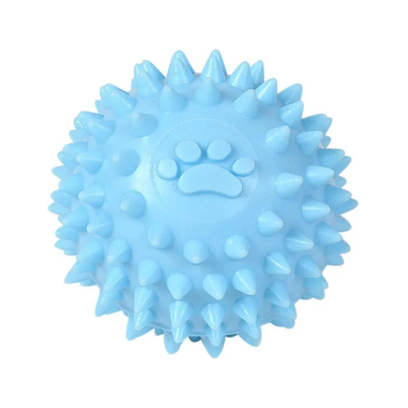 Blue TPR rubber dog chew ball with textured surface for tooth cleaning, 6cm diameter.