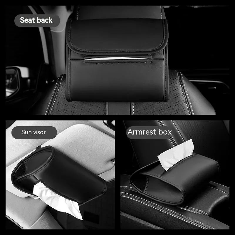 Leather car tissue box organiser with elastic band for sun visor or chair back mounting