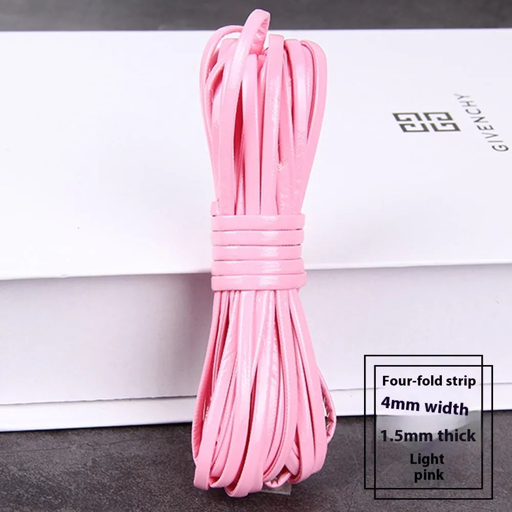 Rolls of soft PU leather weaving cord in various colours and widths for craft projects.