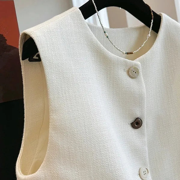 Women's sleeveless bandage vest dress in polyester, round neck design in milk white colour