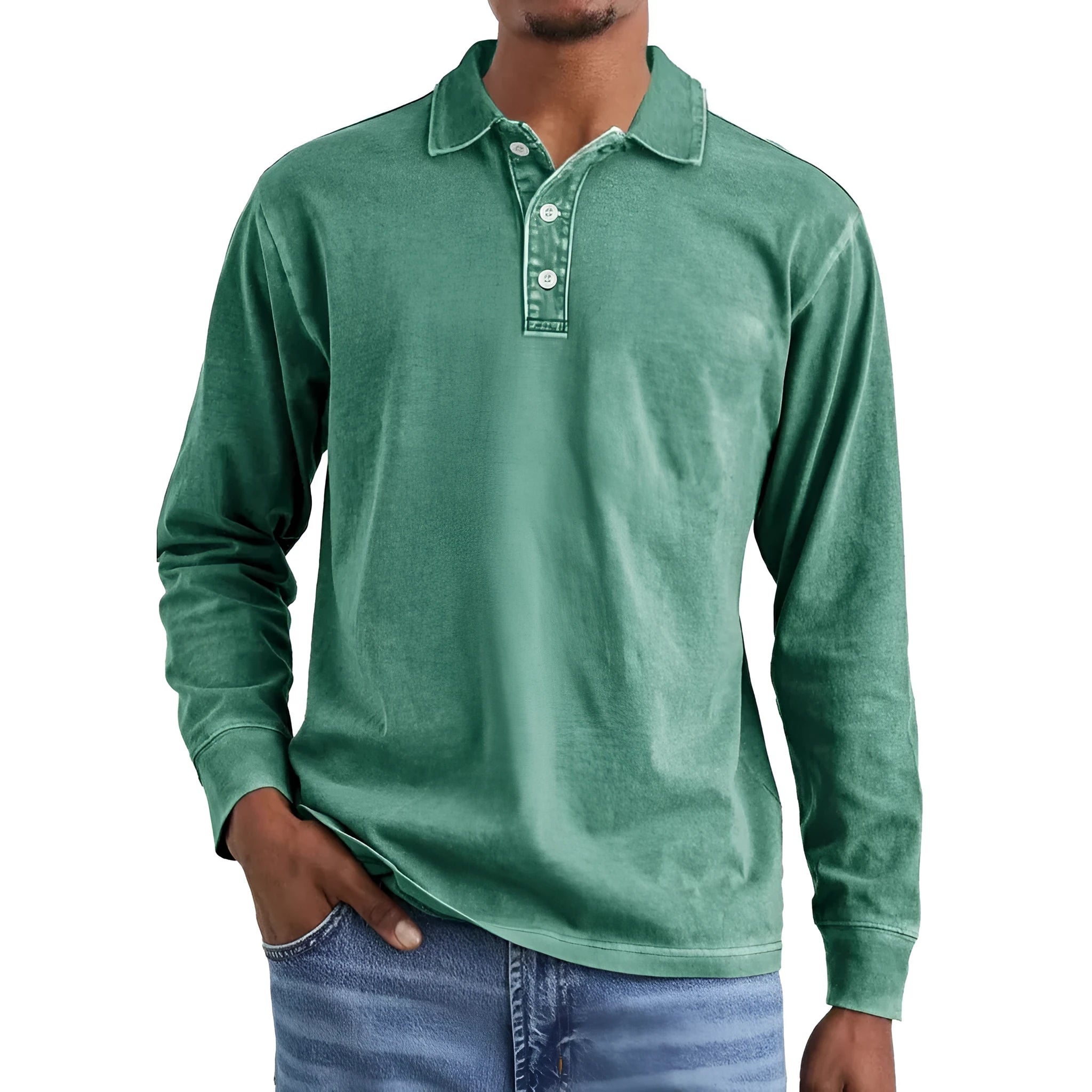 Retro washed pure cotton polo shirt with a distressed lapel and long sleeves on a hanger.