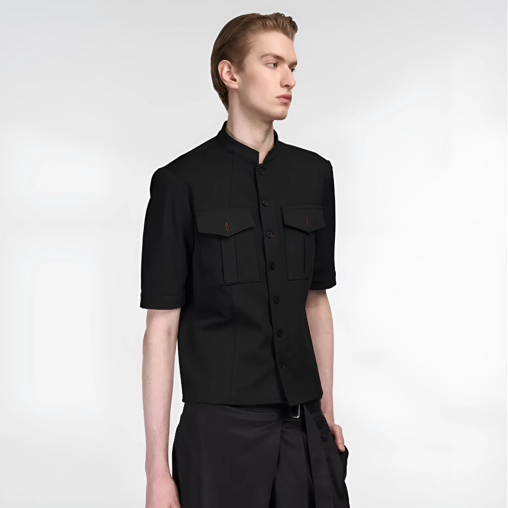 Handmade black half-sleeve hunting shirt with a shirt collar on a mannequin