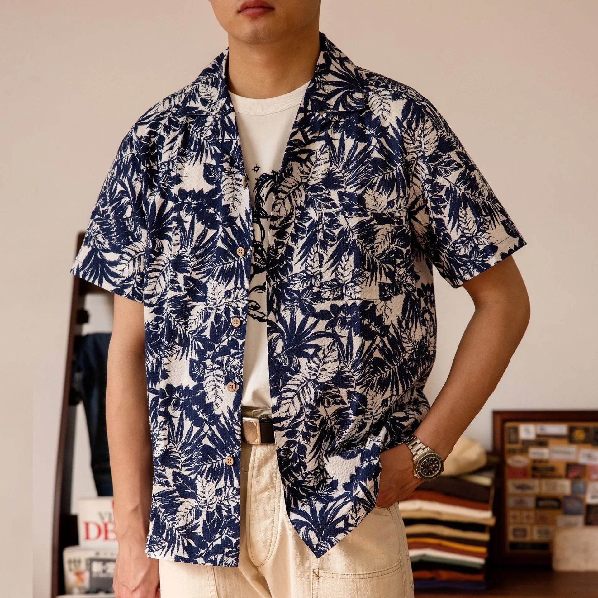 Vintage floral print seersucker Cuban collar shirt in T184 green colour option showing loose fit design