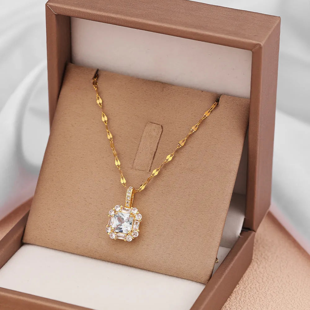 Women's titanium steel geometric clavicle chain with quadrilateral zircon pendant on water wave chain