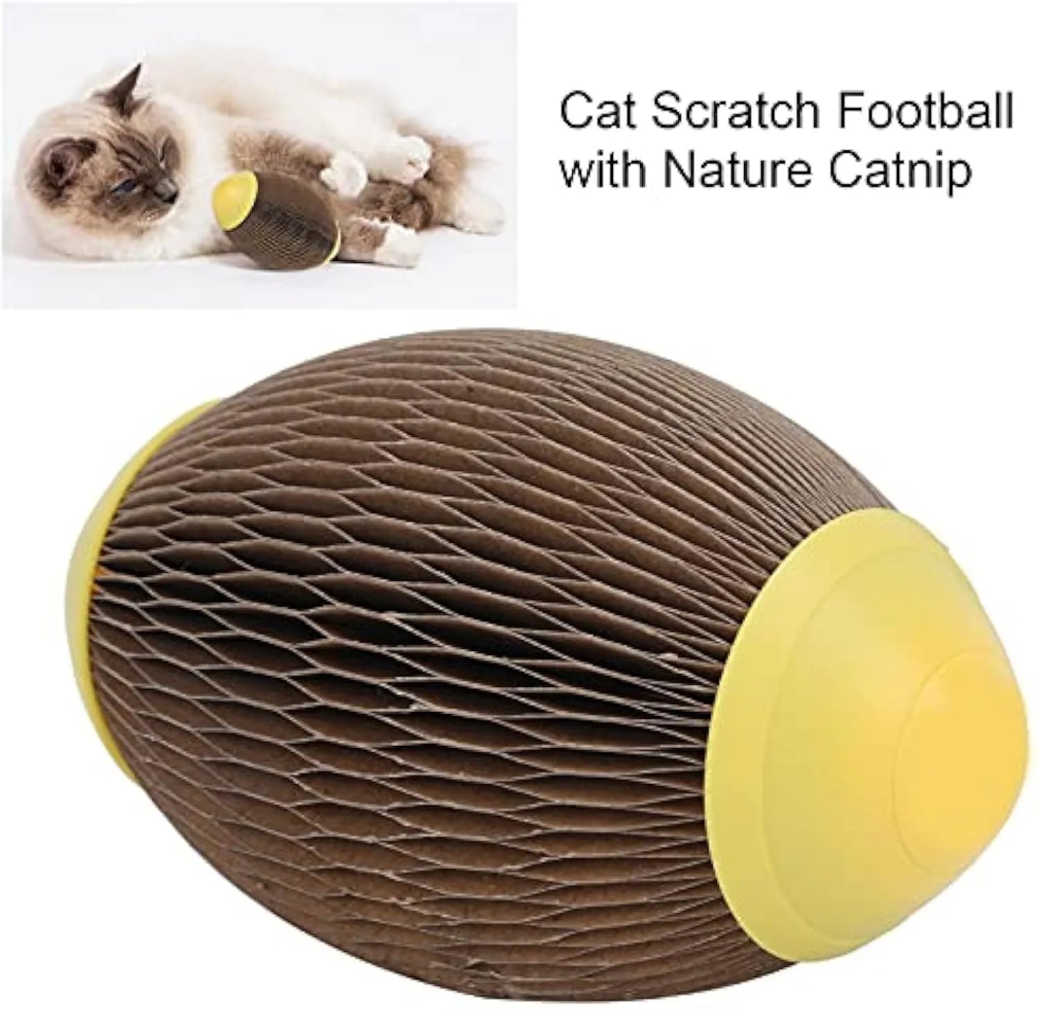 Ellipse-shaped catnip ball toy made of brown corrugated paper for scratching and play.