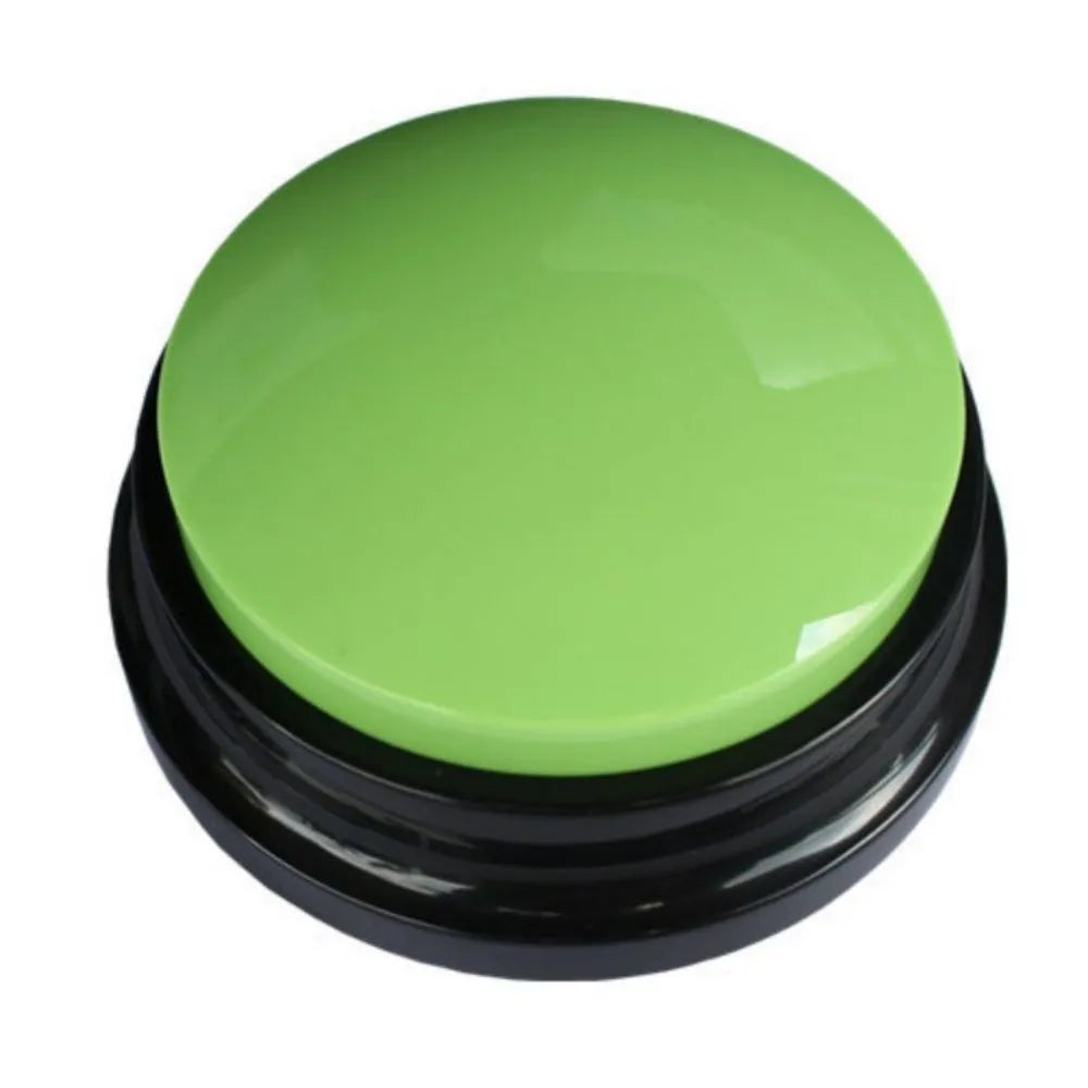 Voice recording dog training buzzer in five colour options showing record and playback buttons