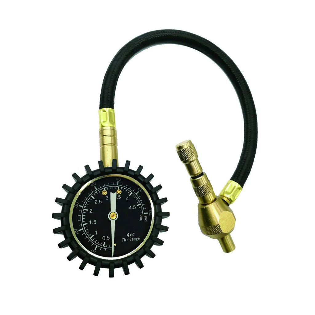 Mechanical car tyre pressure gauge with a rubber shell and rapid deflation valve.