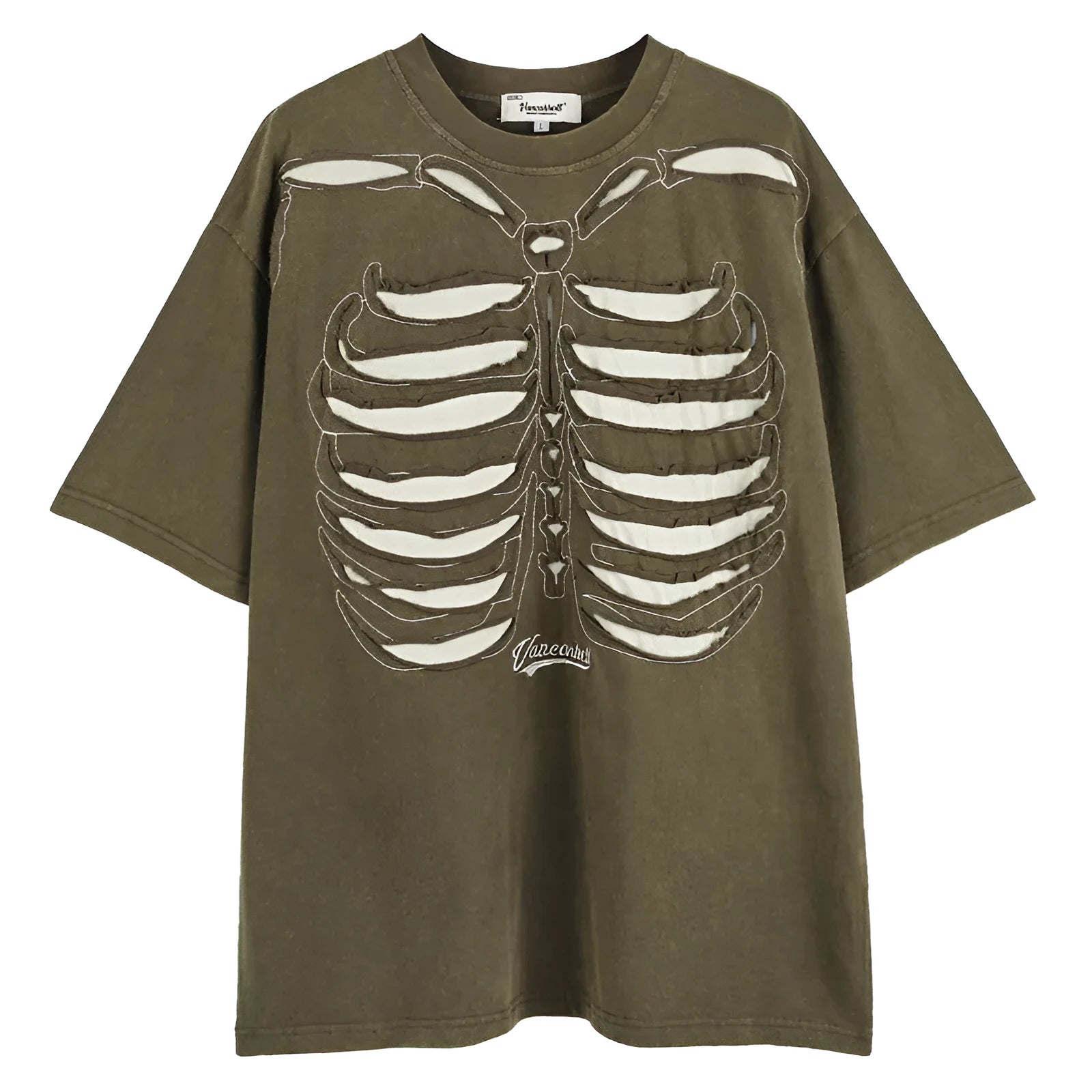 Brown cotton t-shirt with skull print design and drop shoulder sleeves laid flat