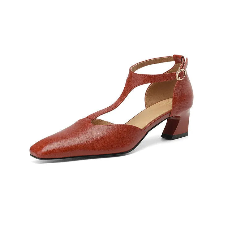 Wine red women's square toe high heels with a chunky block heel and buckle strap.