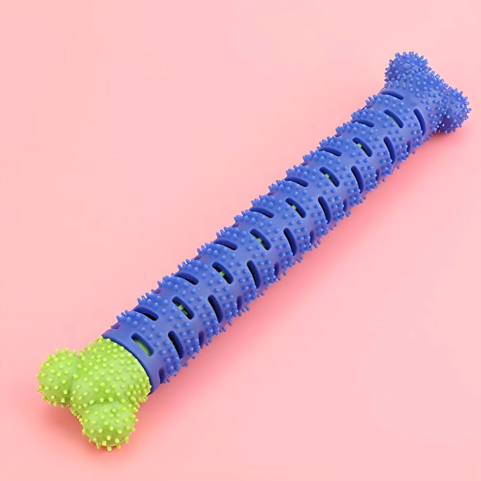 Blue green dog dental chew toy with serrated brush head design for tooth cleaning, 25cm length