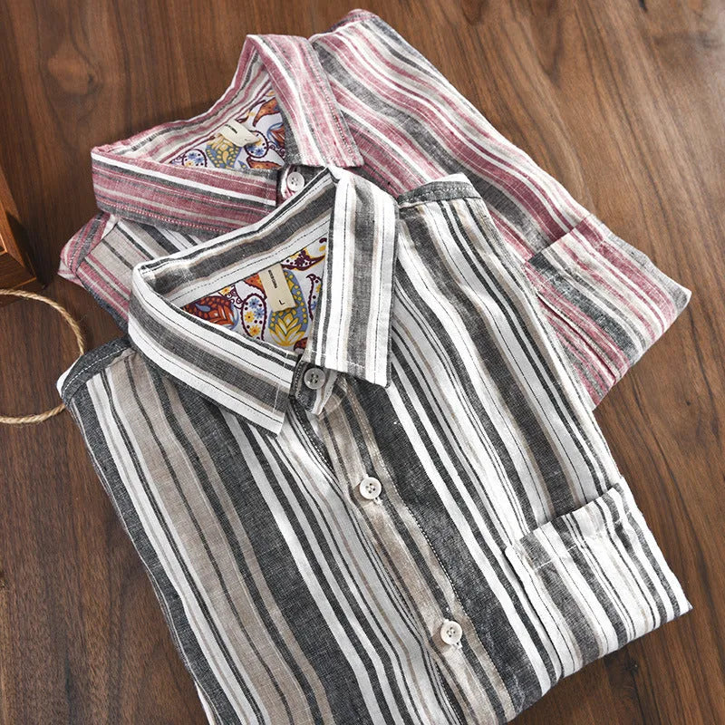 Men's striped linen shirt in loose fit with long sleeves for casual summer wear