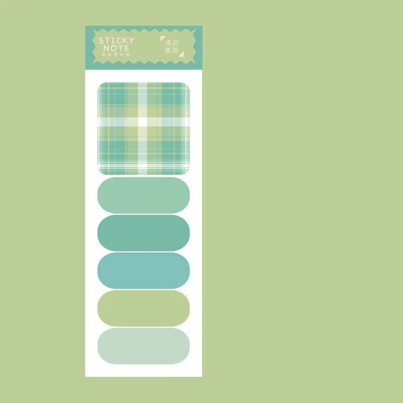 Set of six colourful plaid design sticky note memo pads, each with 20 sheets, showing various solid colours.