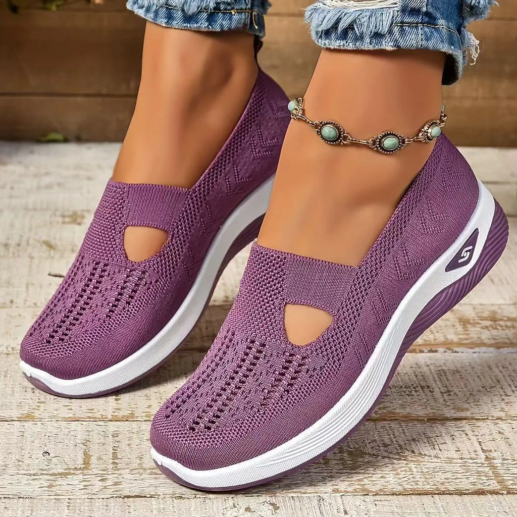 Women's casual mesh shoes with T-strap design and soft PVC soles in multiple colours