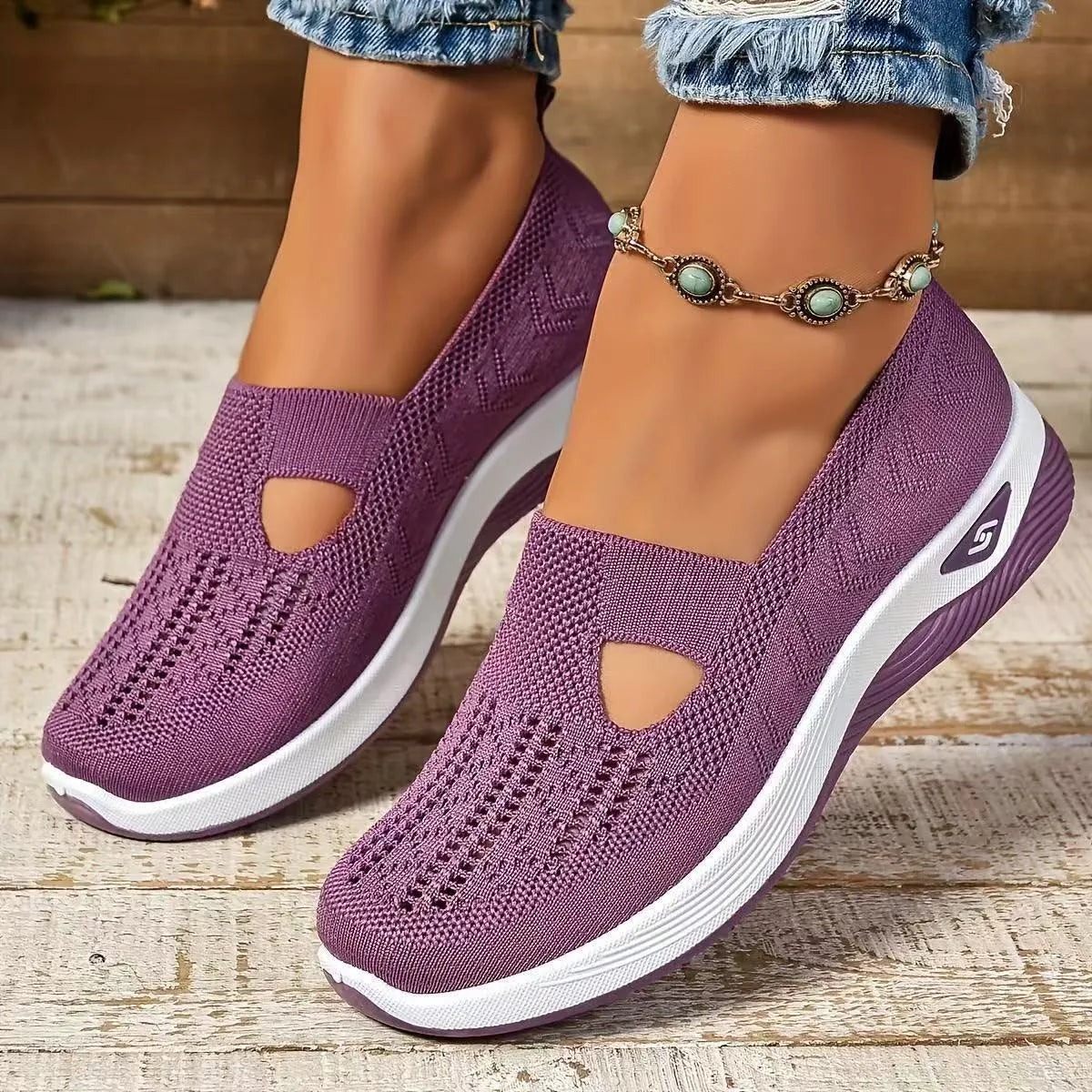 Women's casual mesh shoes with T-strap design and soft PVC soles in multiple colours