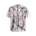 Padded shoulder short sleeve T-shirt with three-dimensional line patchwork design and round neck collar