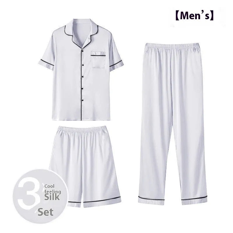 Men's black ice silk three-piece home wear suit featuring a sleeveless top, shorts, and trousers laid flat