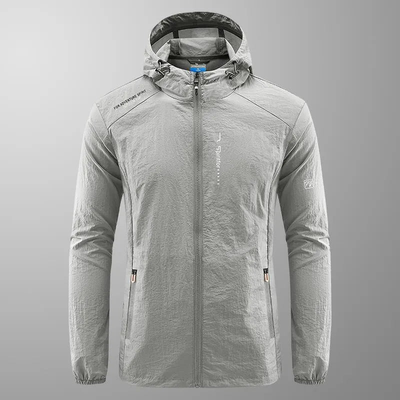 Men's light grey summer hooded jacket in thin nylon fabric with loose fit