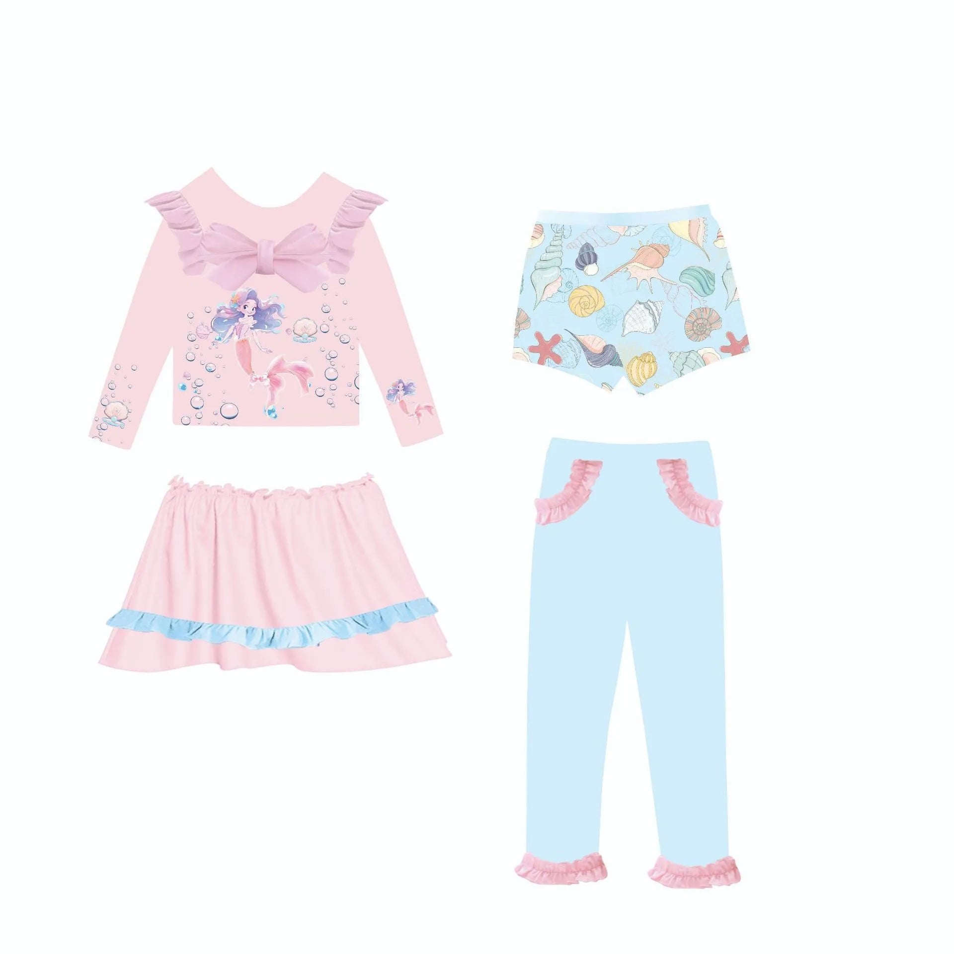 Girl's gilded coloured mermaid swimsuit set with long sleeve top and skirt in Baby Ocean colour