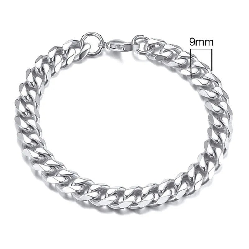 Six-sided Cuban link chain metal bracelet shown in gold, black and steel colour finishes with different width options.