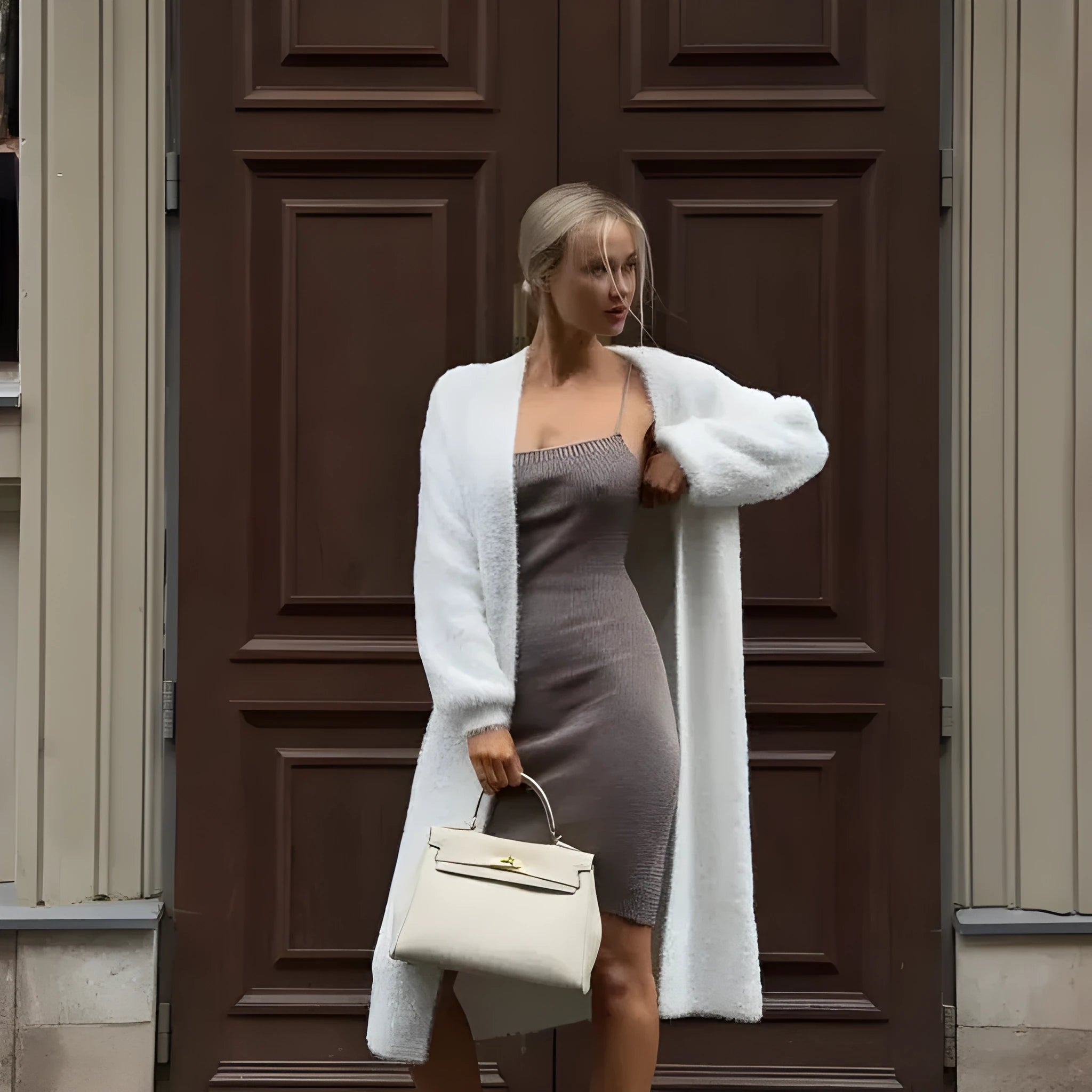 White thick knit polyester cardigan jacket with long sleeves and loose fit