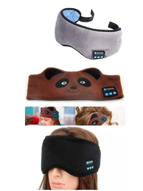 Black Bluetooth sleep eye mask with integrated wireless earphones for music playback during rest