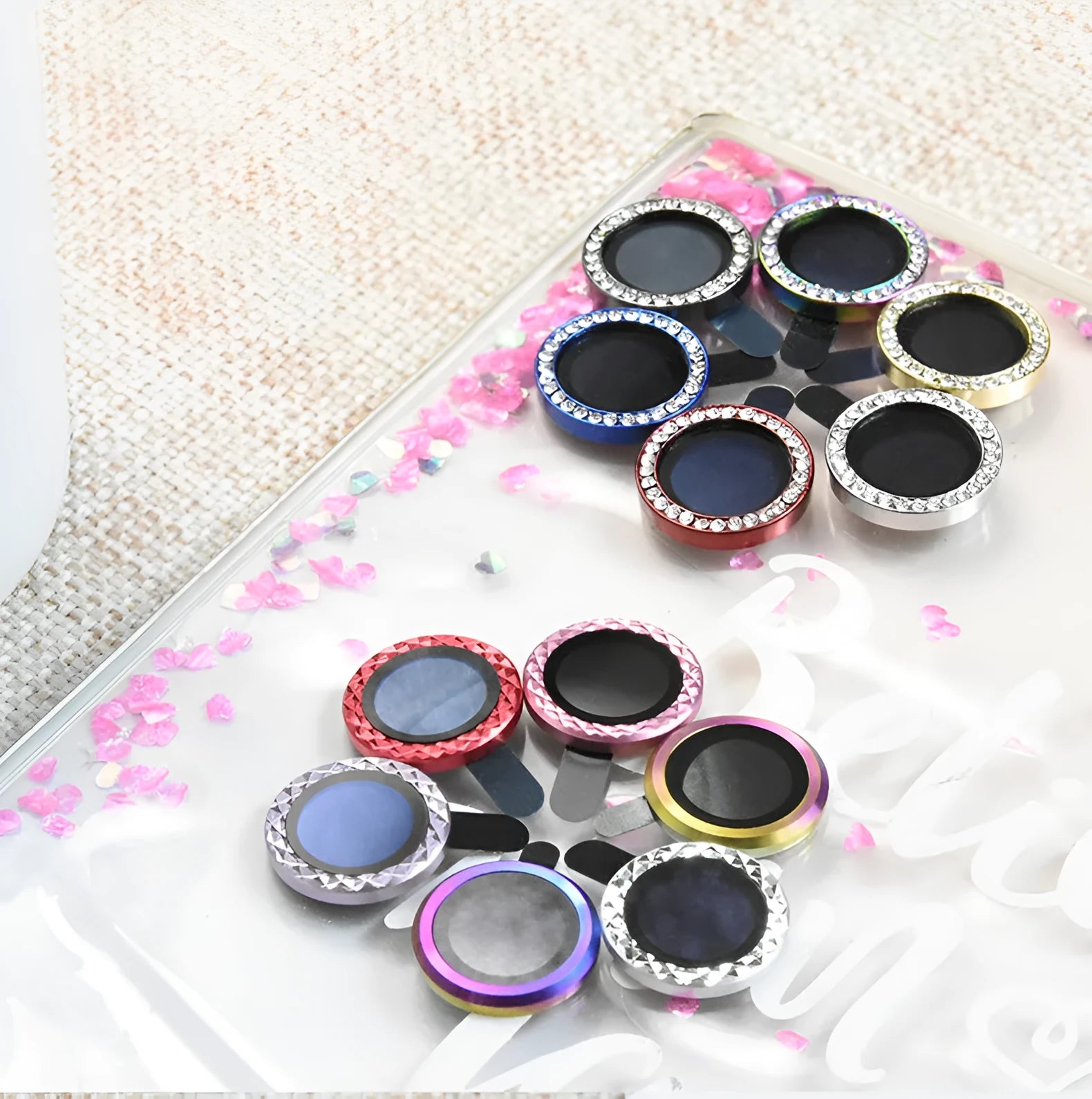 iPhone camera lens protection film with aluminium alloy ring and diamond pattern tempered glass.