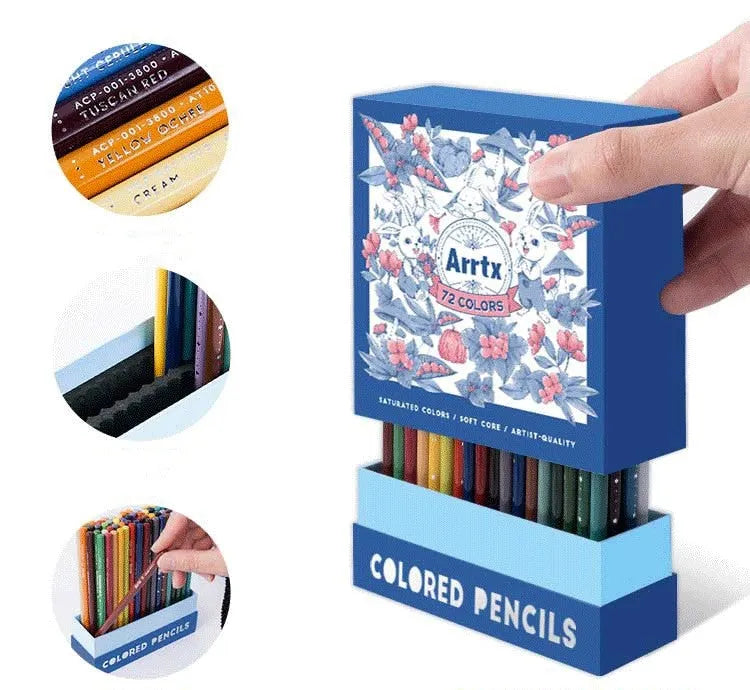 Boxed set of 72 coloured soft core art pencils with basswood barrels for drawing and exams.