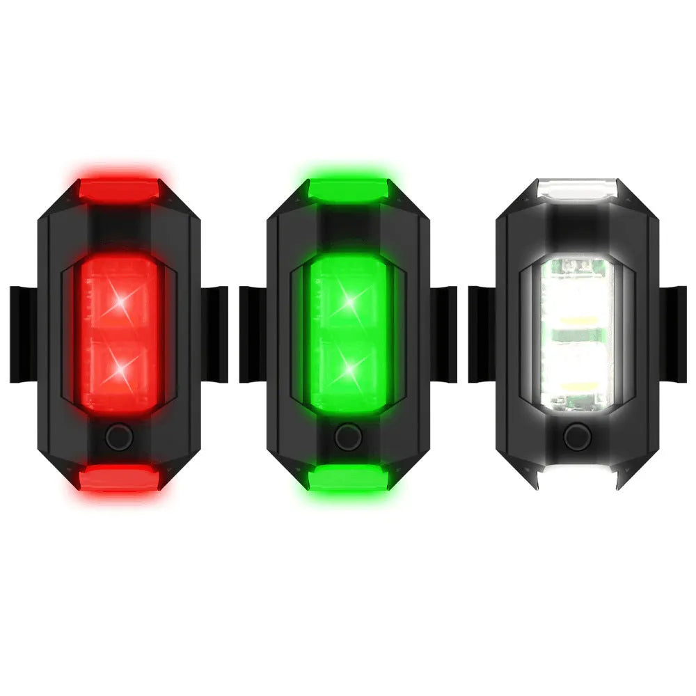 Drone strobe light accessory with RGB LEDs, Type-C charging cable, fixing tapes, and ring belts on a white background.