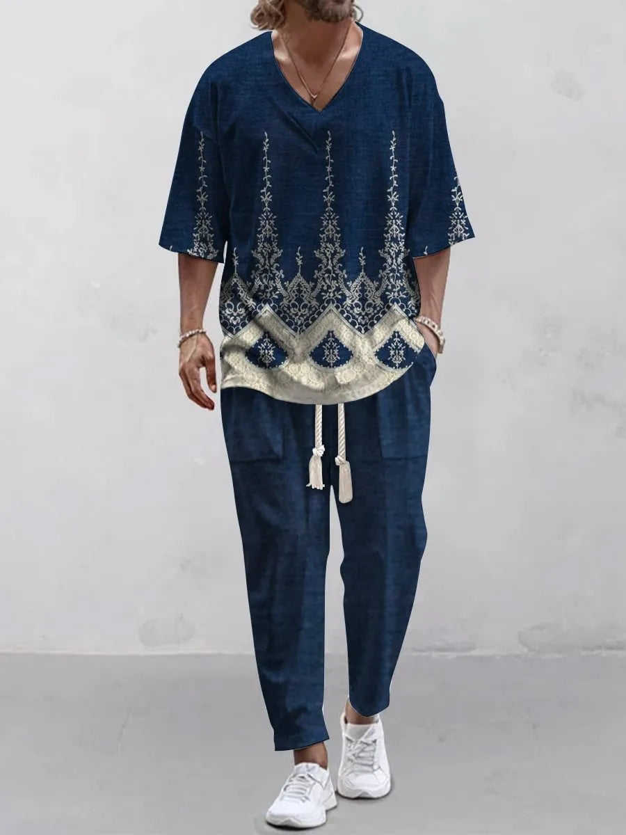Polyester cropped sleeve V-neck jacket and trousers suit set on a hanger.