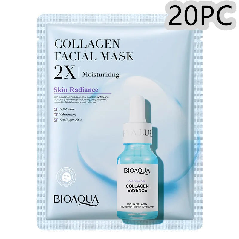 Single 30g collagen and hyaluronic acid gel sheet facial mask on a blue background.