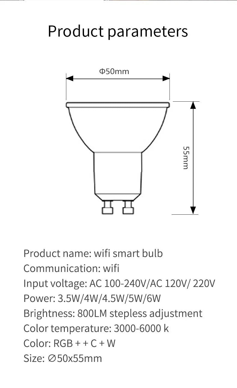 Smart GU10 LED spotlight bulb with RGBCCT lighting and Wi-Fi connectivity for voice control