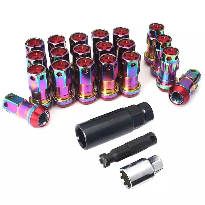 Set of forged aluminium alloy wheel hub nuts in various colours showing M12 thread.