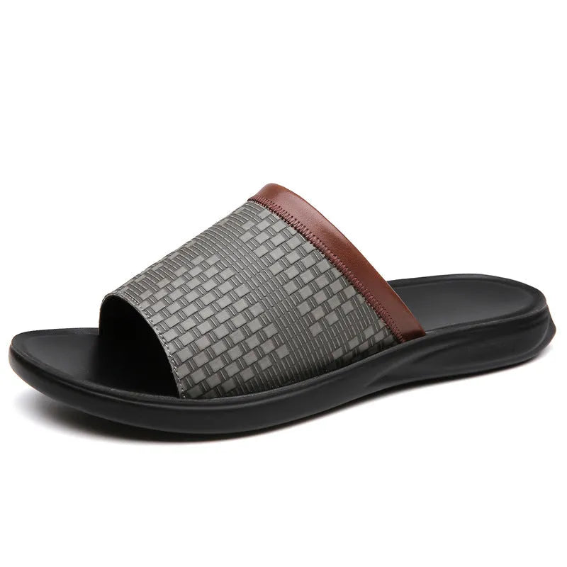 Men's simplicity fashionable all-match breathable slippers in black with PU leather upper, flat heel, and round toe