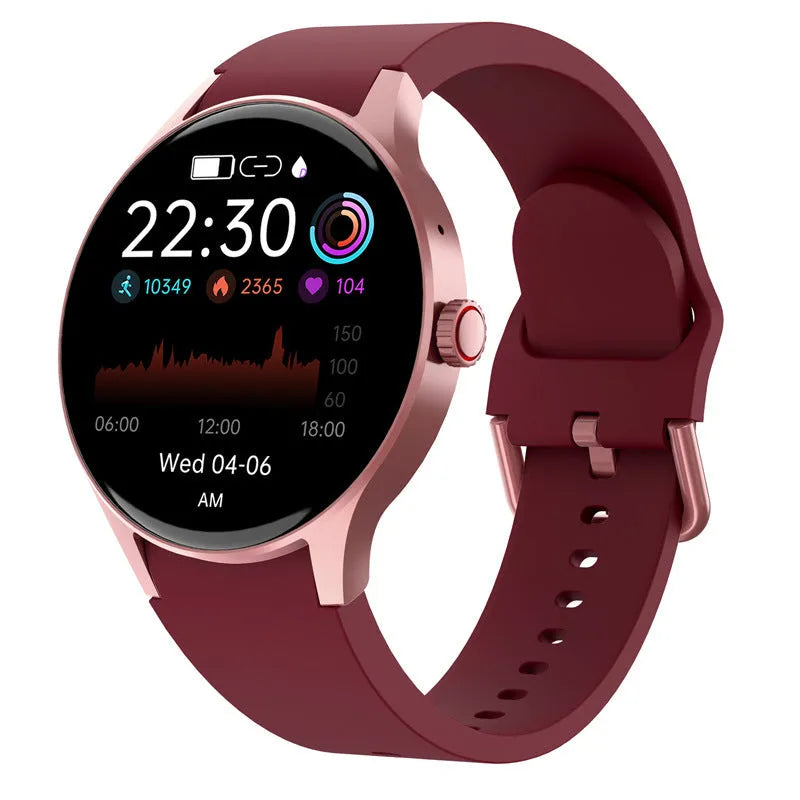 Round smartwatch with colour touchscreen display showing fitness metrics on wrist