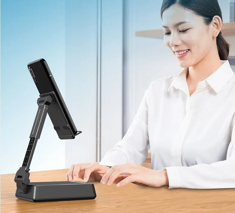 Black mobile phone stand with Bluetooth speaker and microphone for desk use