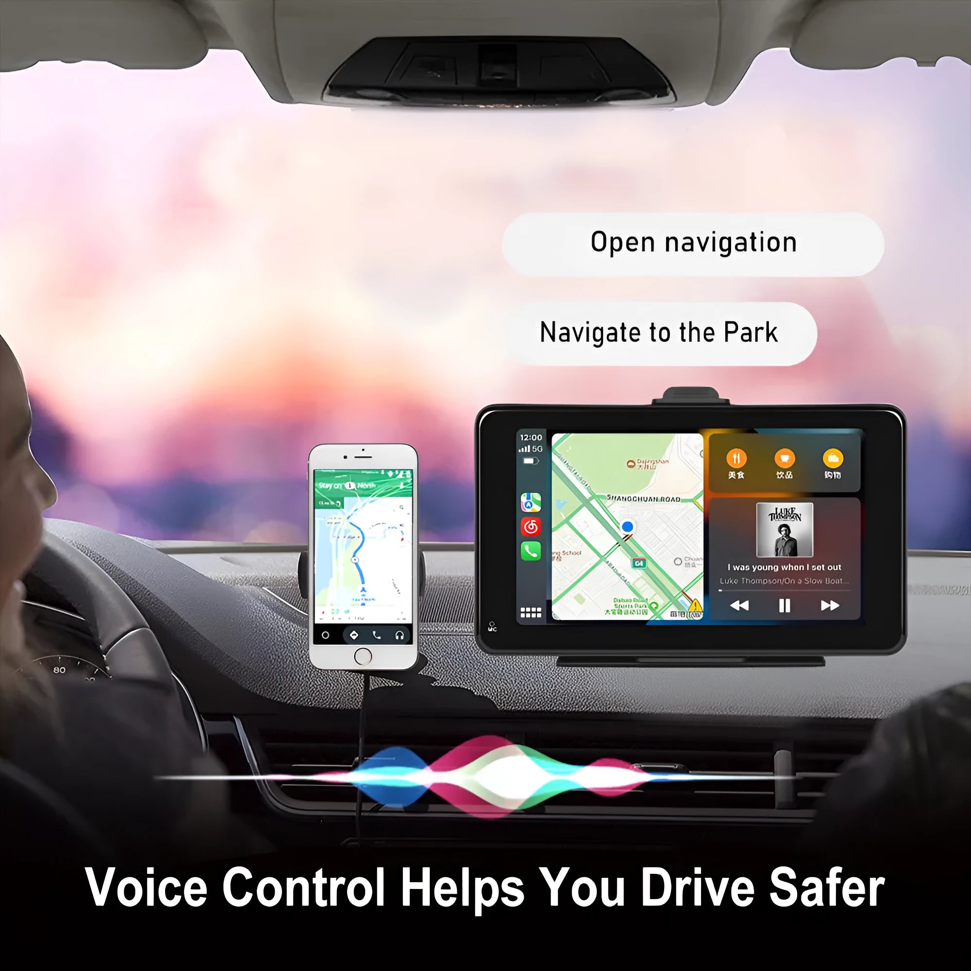 7-inch HD wired car multimedia player with screen, mounting brackets, cigarette lighter plug, and auxiliary cable on a dark background.