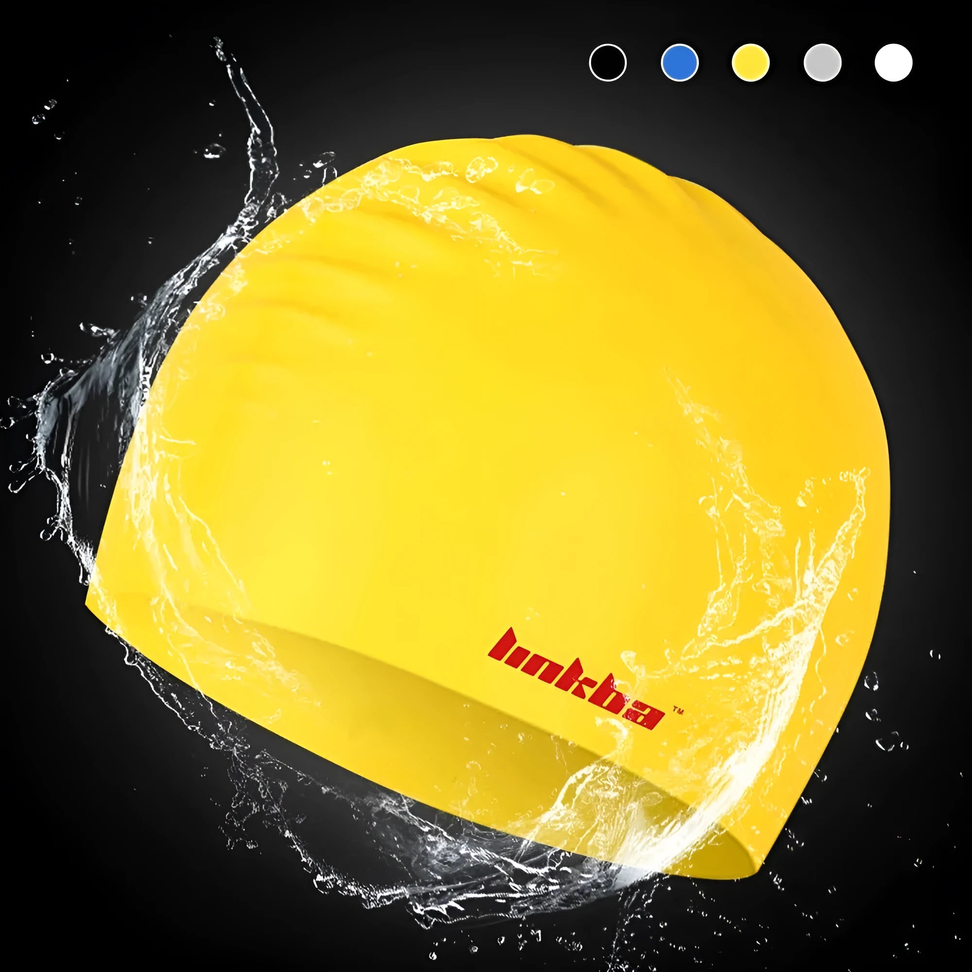 Silicone swimming cap with a graphic letter pattern, shown in one of five colours: black, white, yellow, blue, or grey.