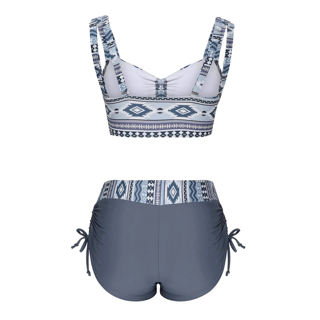 Women's split front bikini swimsuit in picture colour, showing triangle top and high-rise briefs.