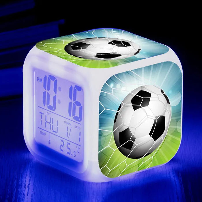 Square football pattern alarm clock with silent mode for children's bedrooms