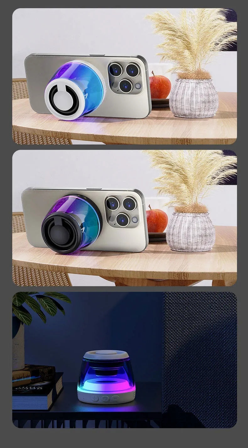 Compact portable Bluetooth speaker with ambient light ring and magnetic base in black or white