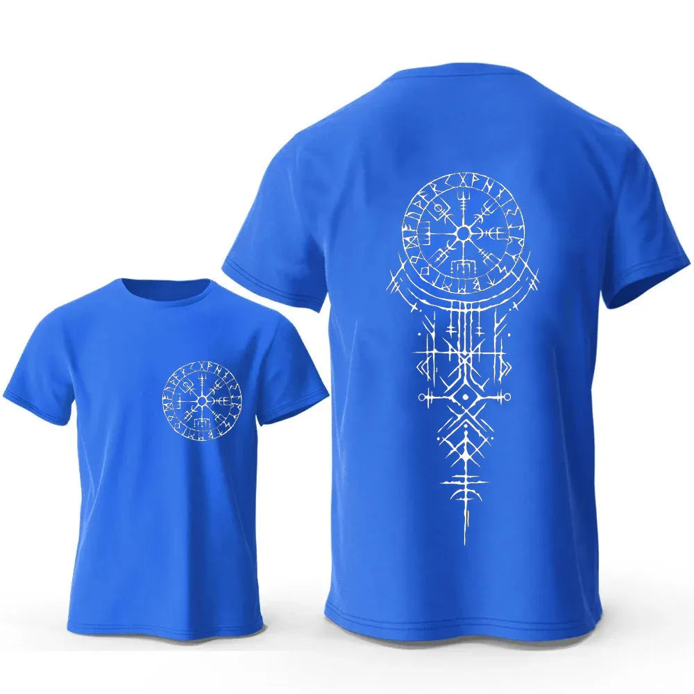Men's grey T-shirt with a white Viking rune compass graphic on the chest