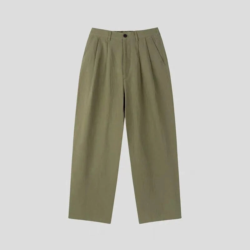 Men's wide-leg cotton linen trousers in apricot colour with elastic waist and pencil leg opening