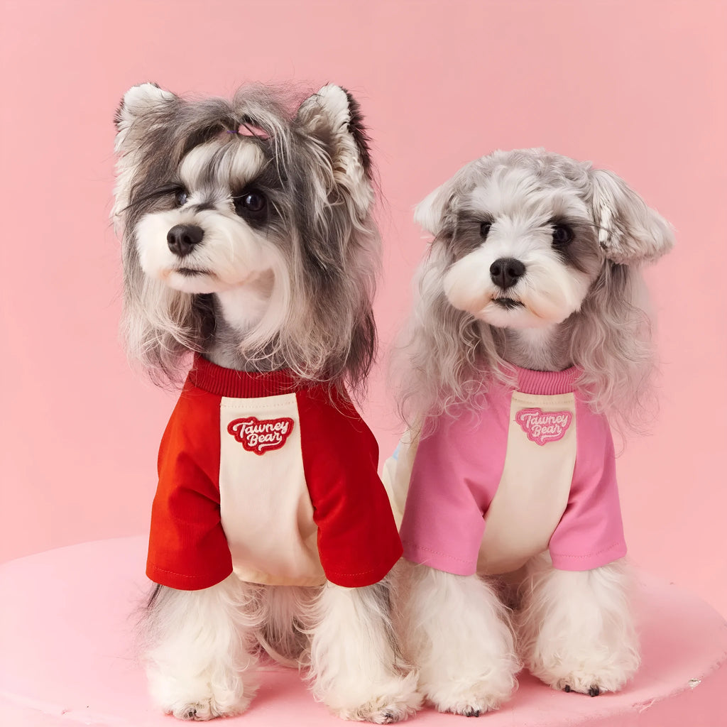 Cotton summer dog clothes with contrast embroidery in red and pink colours