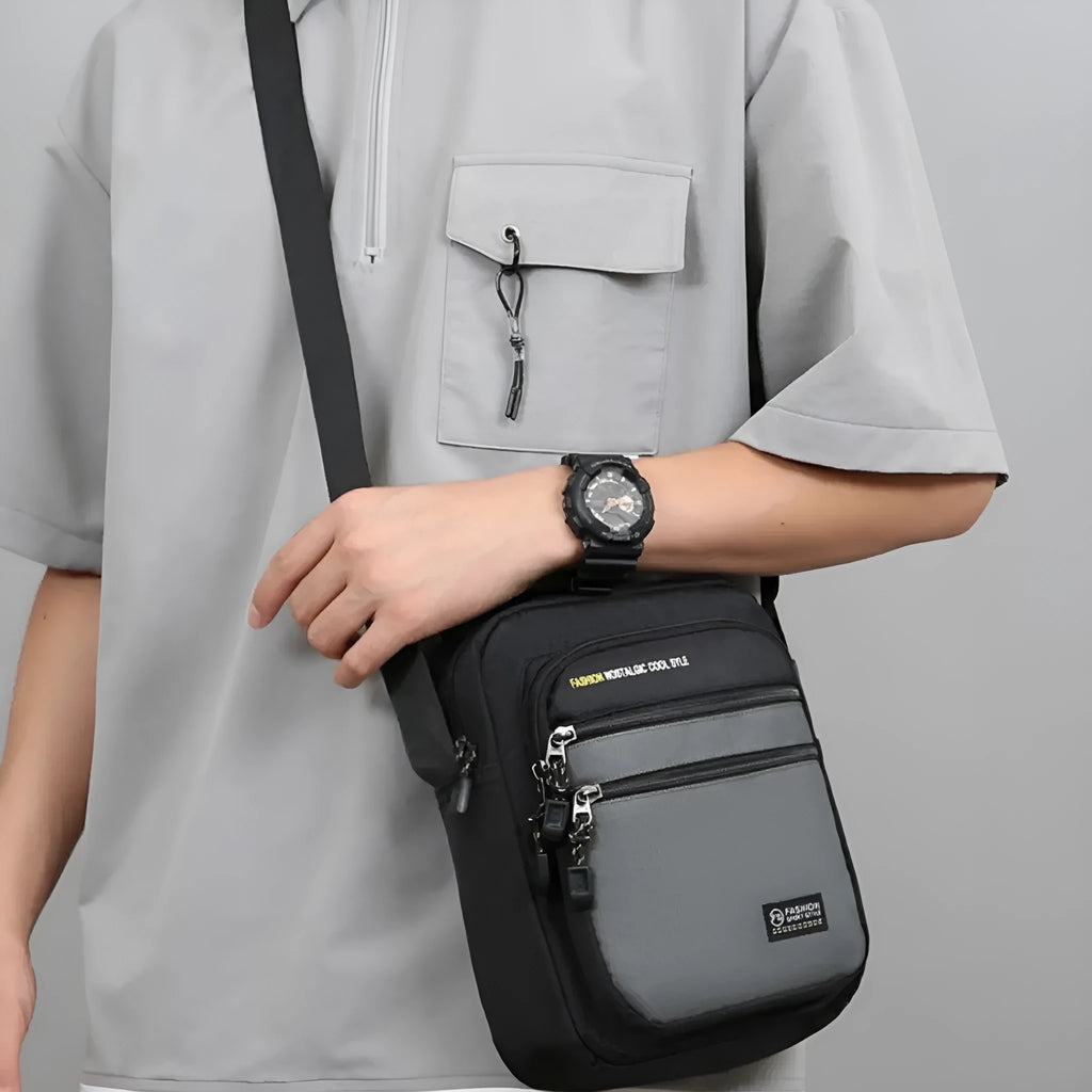 Men's waterproof nylon crossbody bag in green, black, dark blue, or grey colours