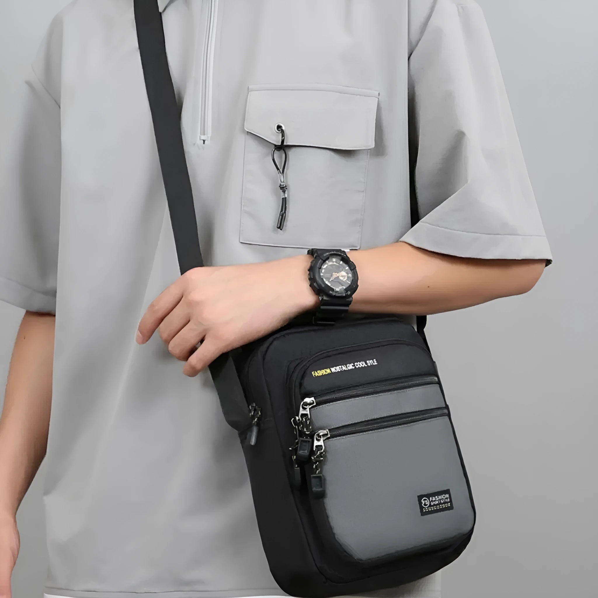 Men's waterproof nylon crossbody bag in green, black, dark blue, or grey colours