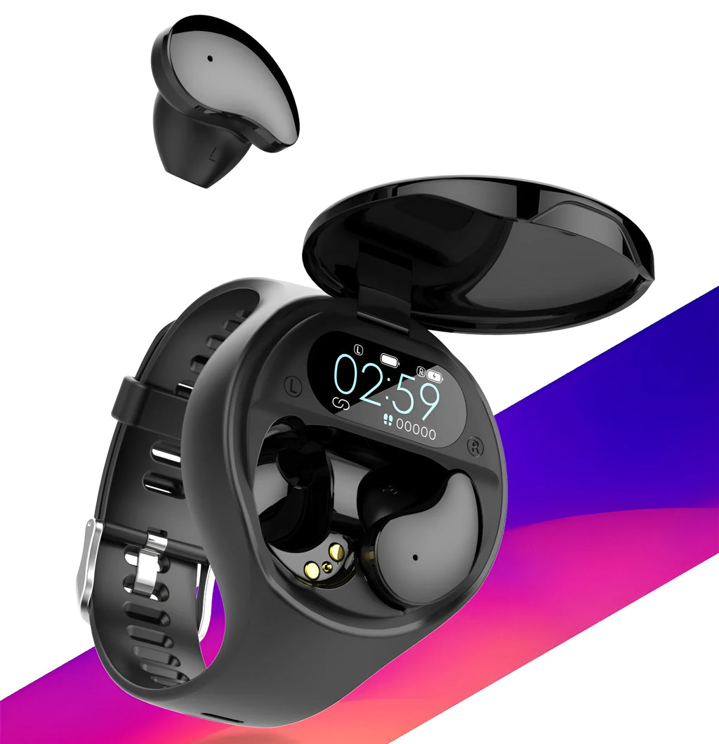 Black detachable smart bracelet and Bluetooth headset combo with colour screen and TWS earphones.