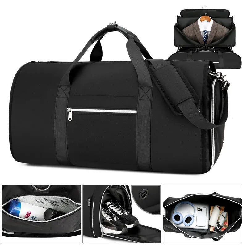 Grey expandable Oxford cloth sports and travel bag with compartments.