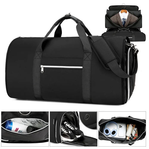 Grey expandable Oxford cloth sports and travel bag with compartments.